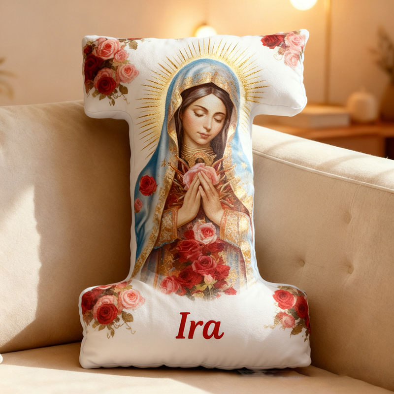 Personalized Virgen De Guadalupe Letter Pillow with Custom Name Home Decor Religious Christian Gift for Her Virgin Mary Red Rose Graphic 3D Print