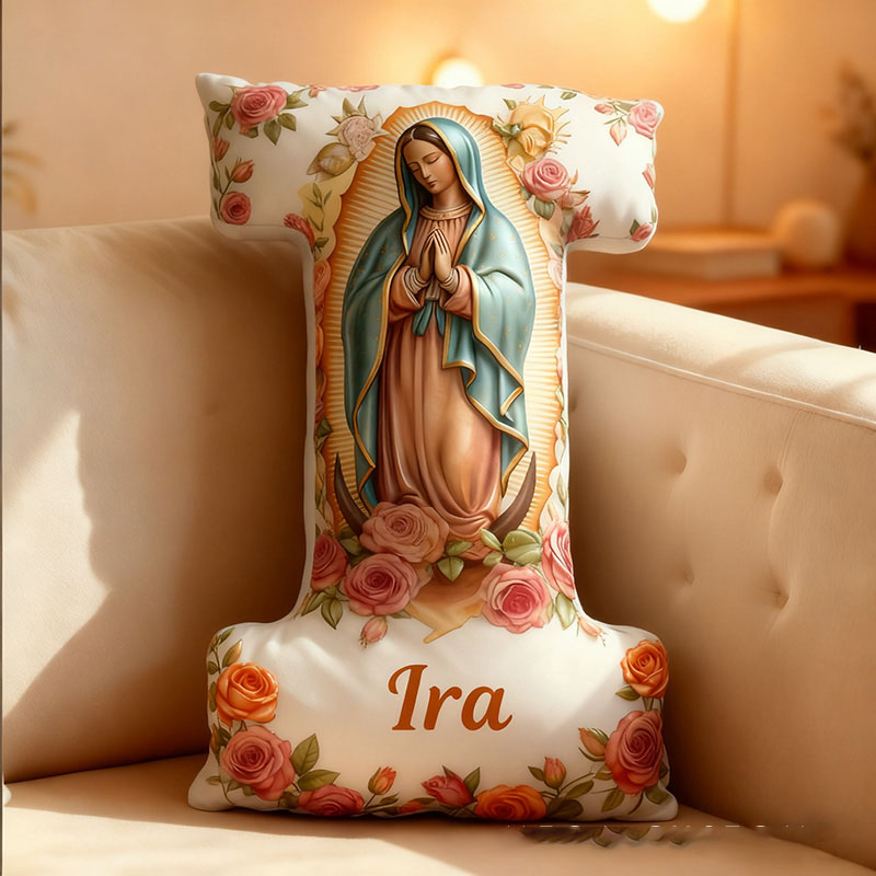 Personalized Virgin Mary Letter Pillow with Custom Name Home Decor Religious Christian Gift for Her Our Lady of Guadalupe Rose Graphic 3D Print Pillow