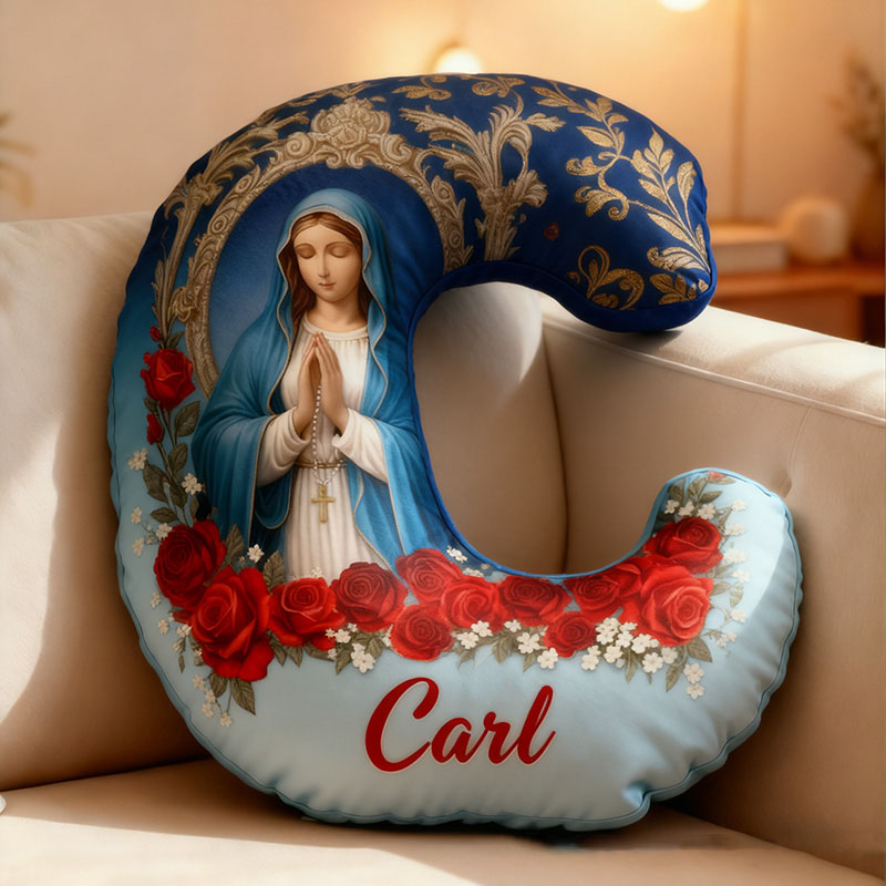 Personalized Virgin Mary Letter Pillow with Custom Name Home Decor Peace Light and Blessing Christian Gift for All Believers Red Rose Graphic 3D Print