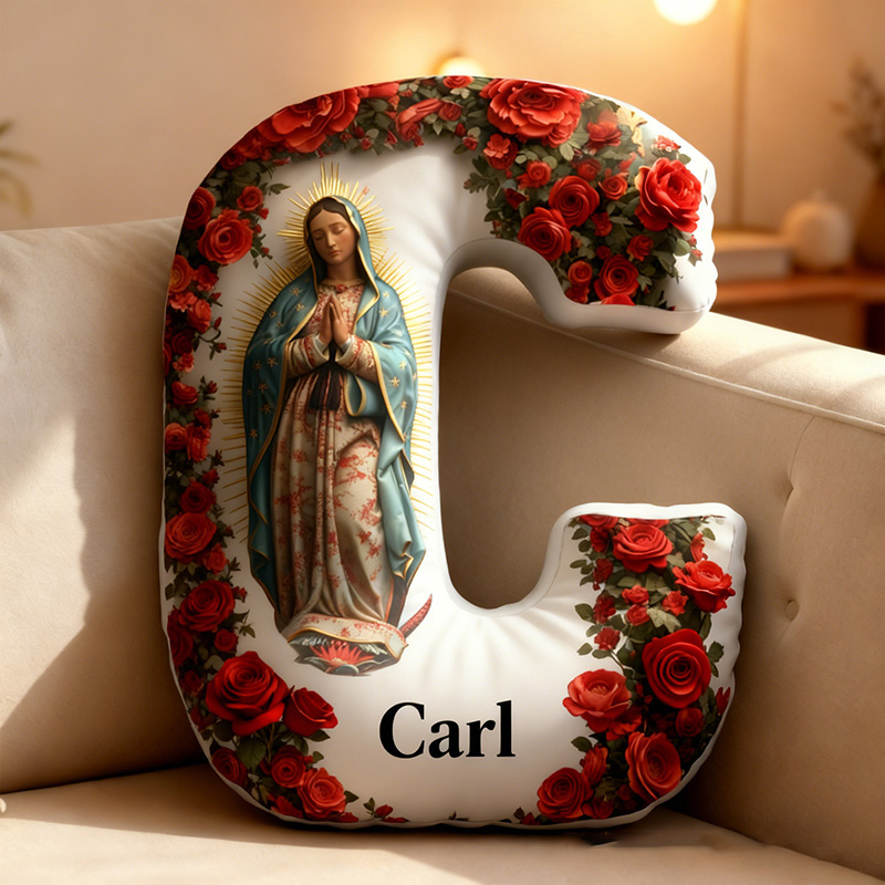 Personalized Our Lady of Guadalupe Letter Pillow with Custom Name Home Decor Catholic Gift for Her Blessed Virgin Mary Red Rose Graphic 3DPrint Pillow