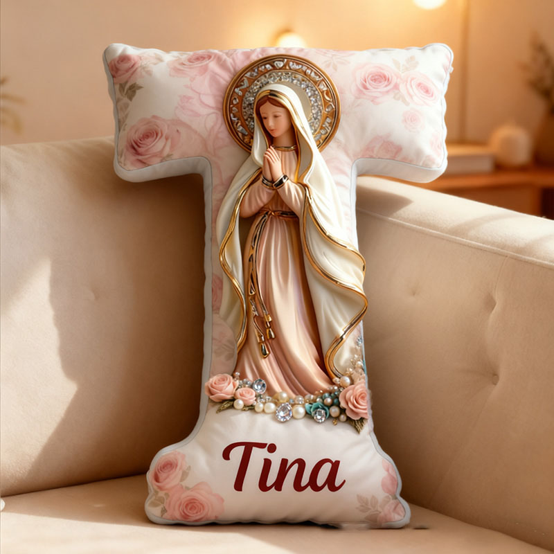 Personalized Virgin Mary Floral Letter Pillow with Custom Name Mary Religious Home Decor Catholic Gift for Her Virgin Mary Gift Graphic 3DPrint Pillow