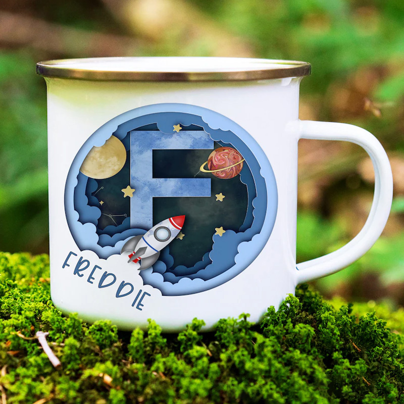 Personalised Alphabet Space Camp Mug Space Themed Boys Gift Enamel Cup Space and Planets Birthday Gift Space Cup