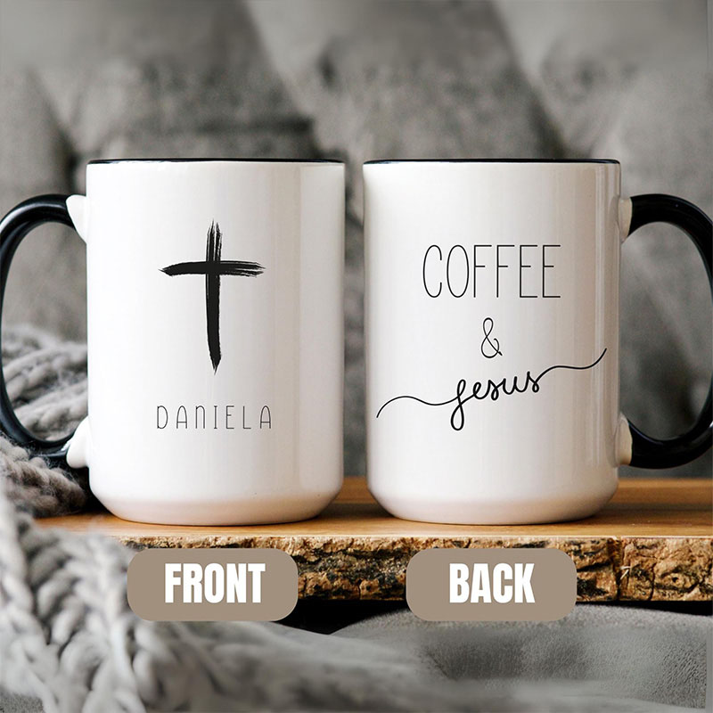 Personalized Coffee and Jesus Christian Coffee Mug with Custom Name Bible Book Mug Gift for Her Religious Morning Gift Christian Gift for Coffee Lover