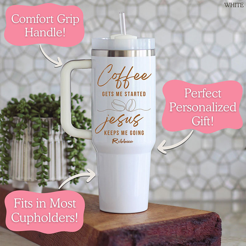 Personalized Coffee and Jesus 40oz Tumbler with Custom Name with Handle and Straw Insulated Large Water Bottle Cup Christian Gift for Coffee Lover