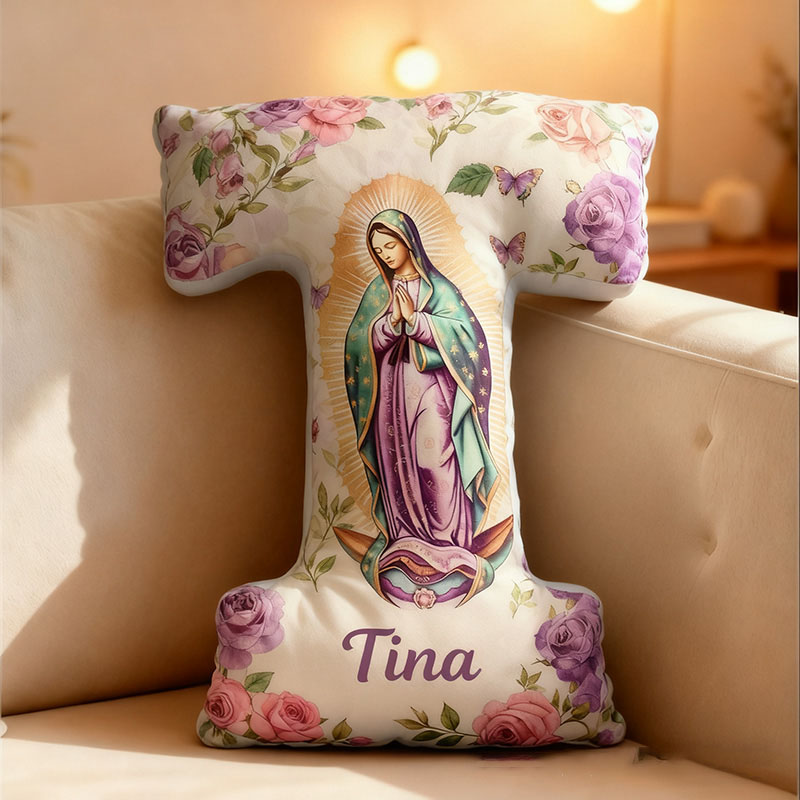 Personalized Our Lady of Guadalupe Purple Letter Pillow with Custom Name Religious Home Decor Catholic Gift Mom Virgen de Guadalupe Graphic 3D Print