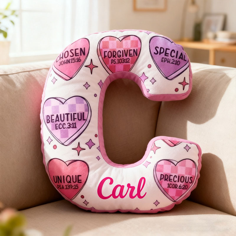 Personalized Bible Verse Heart Shaped Letter Pillow with Custom Name Religious Home Decor Christian Gift Valentine Gift Encouragement Graphic 3D Print