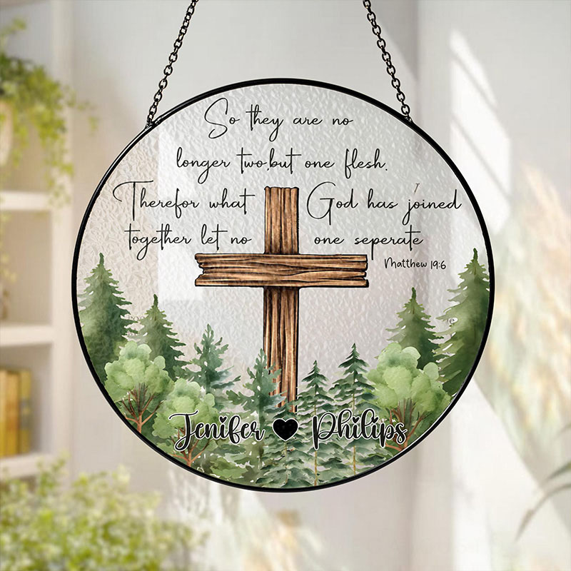 Personalized Christian Wedding Stained Glass Suncatcher Ornament with Custom Name Cross Window Hanging Decor Religious Gift for Couple Wedding Gift