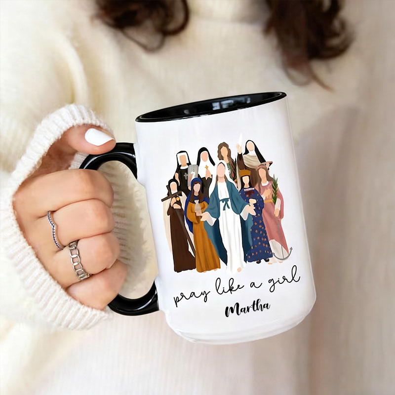 Personalized Pray Like a Girl 15oz Ceramic Mug with Custom Name Saintly Women and Nuns Coffee Mug Catholic Faith Gifts For Women