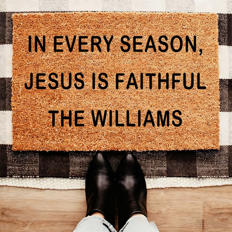 Personalized in Every Season Jesus is Faithful Doormat with Custom Family Name Non-Slip Durable Front Door Decor Christian Welcome Mat Religious Gift