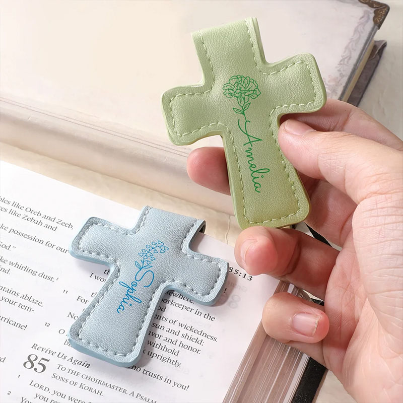 Personalized Birth Flower PU Leather Cross Magnetic Bookmark Clip with Name Reading Supplies First Communion Baptism Gift for Christians Bookworms