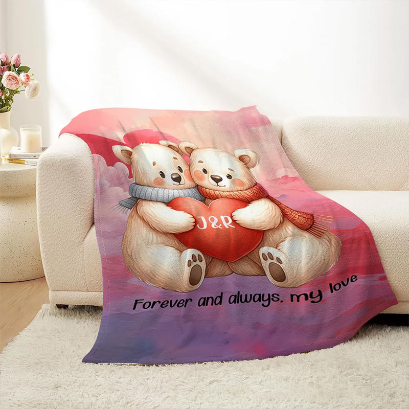 Personalized God Knew My Heart Needed You Cartoon Couple Bear in Love Soft Throw Blanket with Intial & Text Home Decor Valentine's Day Gift for Couple