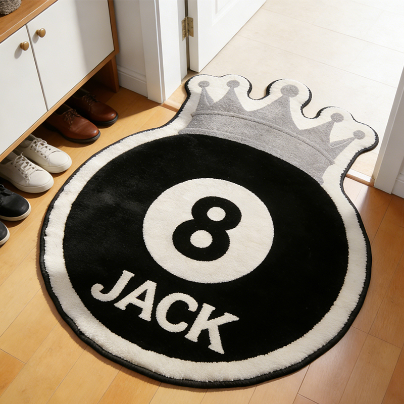Personalized Billiards Rug with 8-Ball and Regal Crown Design and Custom Name for Pool Enthusiasts