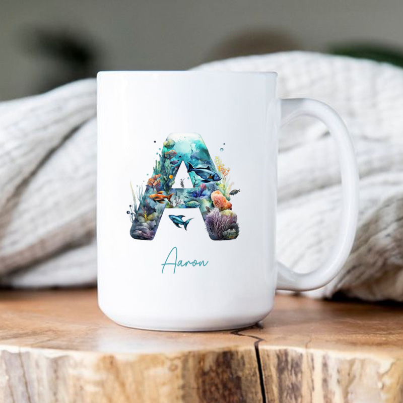 Personalized Fishing Mug Coffee Mug Ocean Fish Letter Design Custom Name Unique Gift for Anglers and Sea Life Lovers