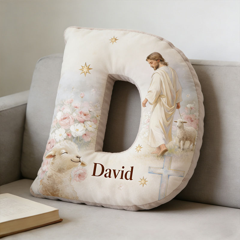 Personalized Jesus and Lamb Letter Pillow with Custom Name Religious Home Decor The Lost Sheep Graphic 3D Print Pillow Jesus Good Shepherd Faith Gift