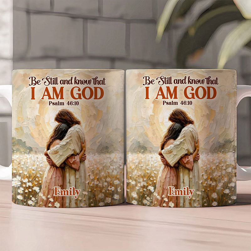 Personalized Be Still and Know that I am God 11oz 15oz Ceramic Mug with Custom Name Jesus Embrace Coffee Mug Religious Gift for Her Faith Gift