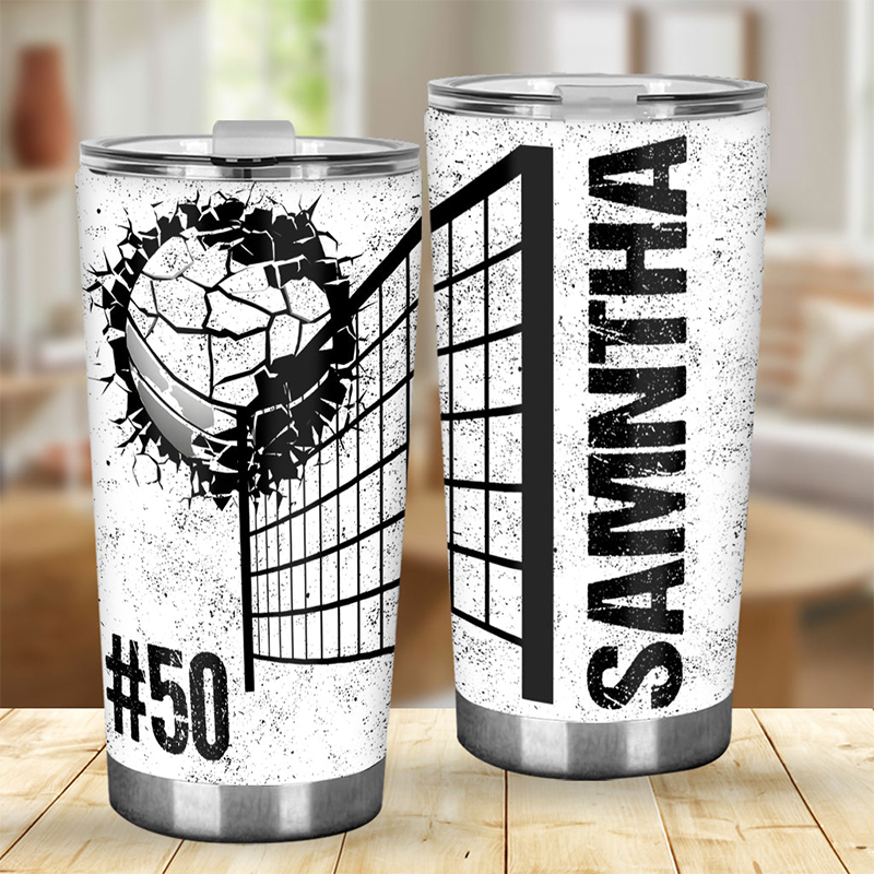 Personalized Volleyball Tumbler Featuring Cracked Volleyball Artwork with Custom Name and Number for Volleyball Fans