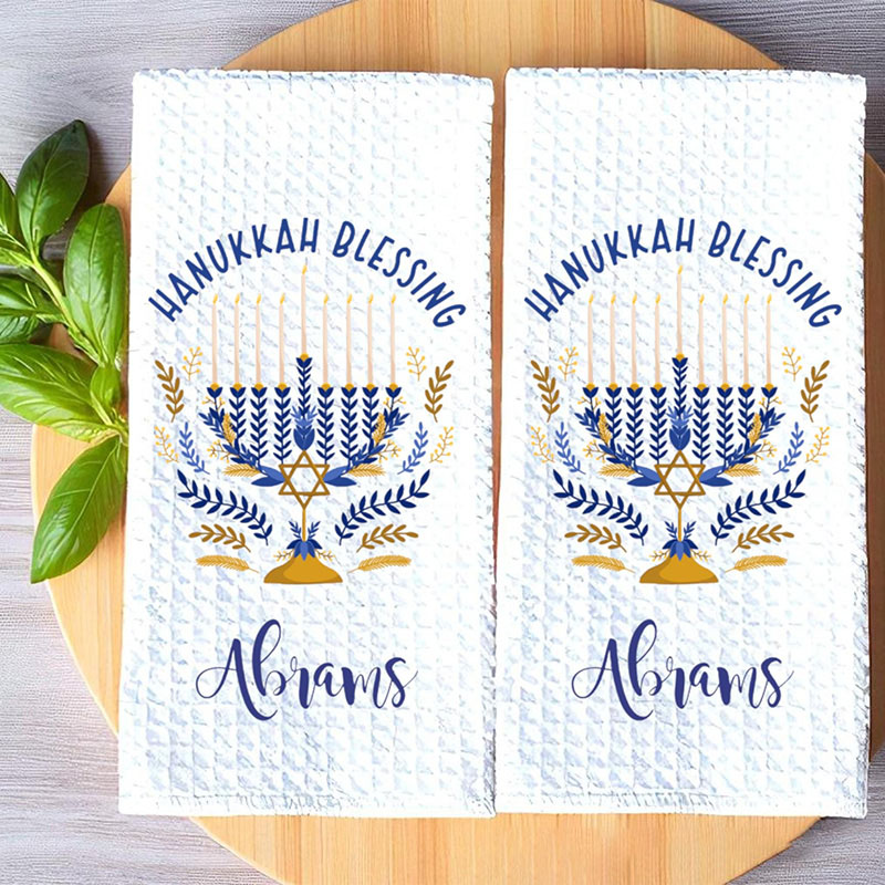 Personalized Hanukkah Blessing Soft Waffle Tea Towel with Name Kitchen Decor Jewish Holiday Menorah Dish Towel Happy Hanukkah Gift for Jewish Family