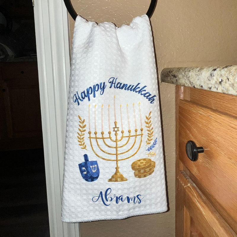 Personalized Happy Hanukkah Soft Waffle Tea Towel with Name Kitchen Decor Hanukkah Menorah Dreidel Dish Towel Happy Hanukkah Gift for Jewish Family