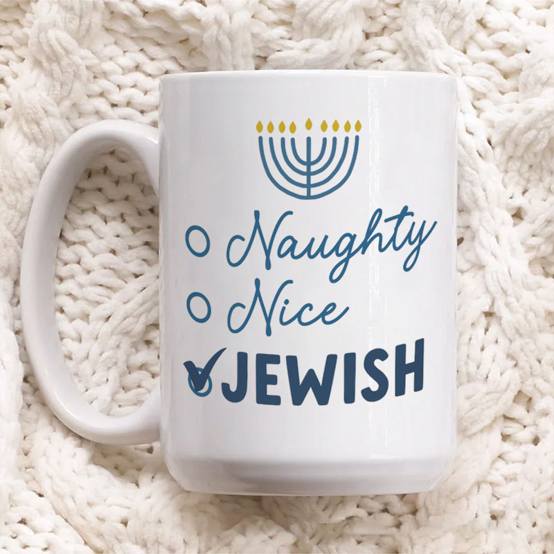 Personalized Naughty Nice Jewish Ceramic Mug with Name Hanukkah Coffee Mug Religious Gift Happy Hanukkah Gift for Jewish people
