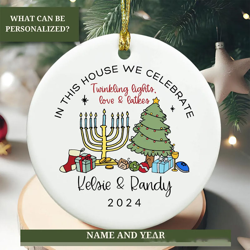 Personalized Hanukkah Christmas Ornament with Custom Family Name and Year Jewish Christmas Decor Merry Chrismukkah Gift Interfaith Family Gift