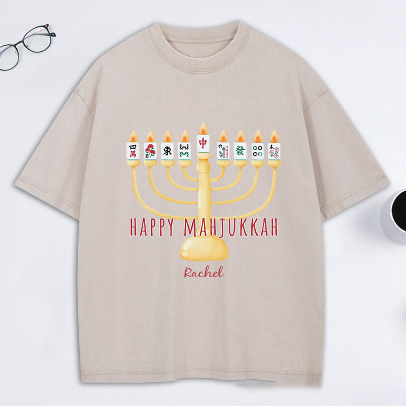 Personalized Hanukkah Mahjong Washed T-Shirt with Name Mahjong Lovers Holiday Shirt Mahj Funny Tee Jewish Holiday Gift Religious Funny Gift