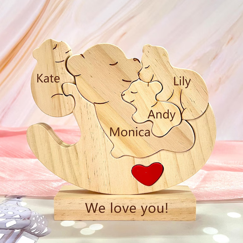 Personalized Wooden Shaking Bear Puzzle Cute Parent Child Bear Fun Swinging Chair Napping Bear Engraved Name Mother's Day Gift Family Keepsake Gifts