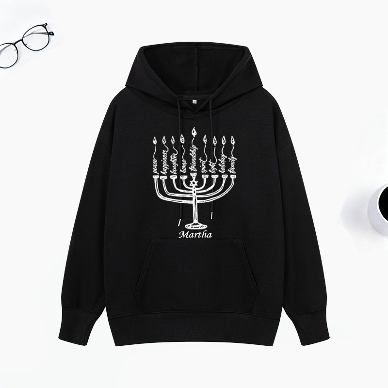 Personalized Peace Laughter Hanukkah Classic Hoodies with Name Unisex Hoodies Religious Gift Happy Hanukkah Gift for Jewish People