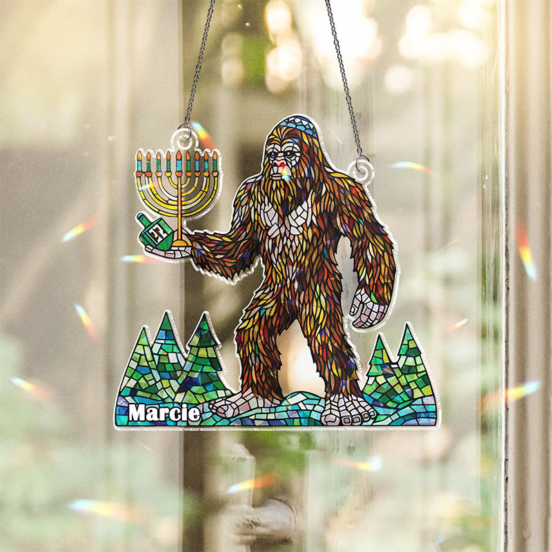 Personalized Holographic Bigfoot Hanukkah Suncatcher Ornament with Custom Name Sasquatch Judaica Window Hanging Hanukkah Decor Happy Hanukkahs Gift