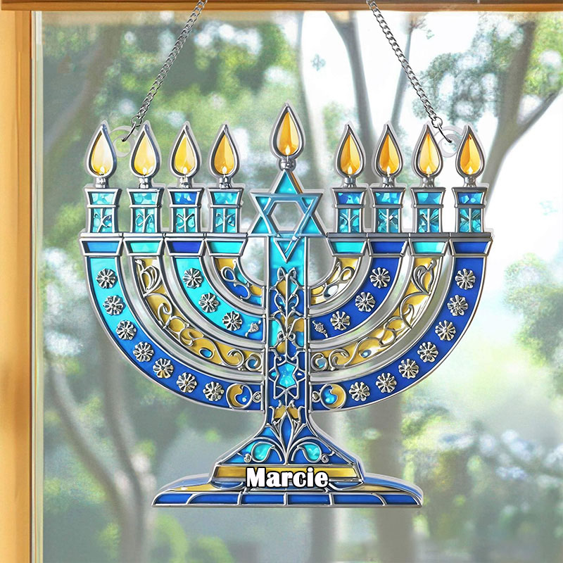 Personalized Hanukkah Menorah Suncatcher with Custom Name Jewish Window Hanging Sign Chanukah Jewish Holiday Star of David Happy Hanukkahs Israel Gift