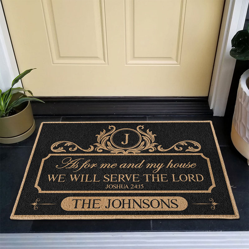 Personalized We'll Serve the Lord Doormat with Custom Initial and Family Name Non-Slip Durable Front Door Decor Religious Gift for Faithful Family