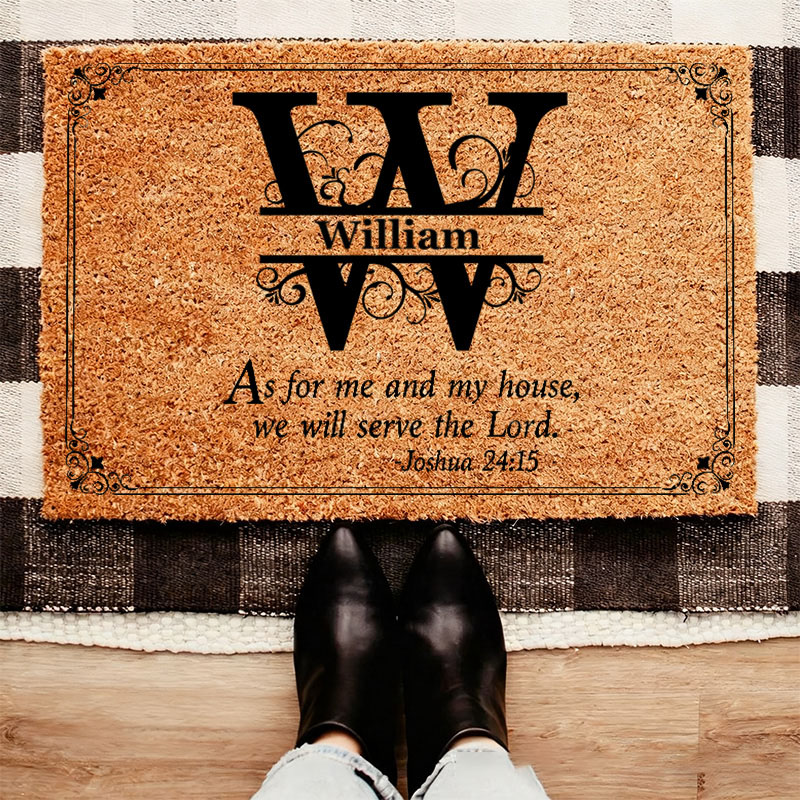 Personalized We Will Serve the Lord with Initials of Family Name Doormat Non-Slip Welcome Mat Religious Housewarming Gift