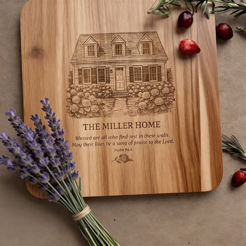 Personalized House Illustration Cutting Board with Custom Name and Bible Verse Christian Housewarming Gift New Home Present Religious Kitchen Accessory