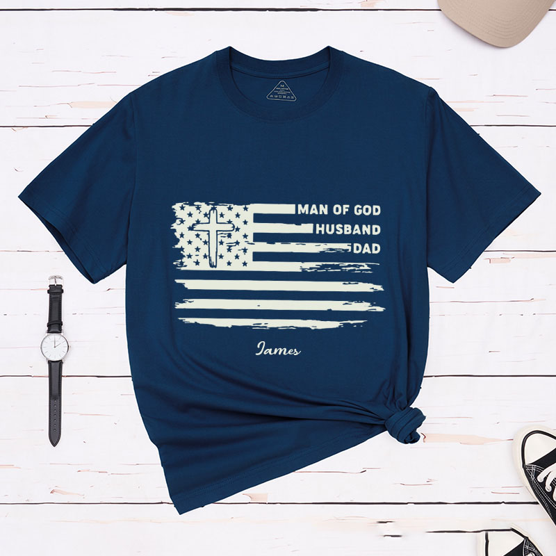 Personalized Man of God Husband Dad Classic T-Shirt with Name Christian Flag Shirt Religious Gift for Him