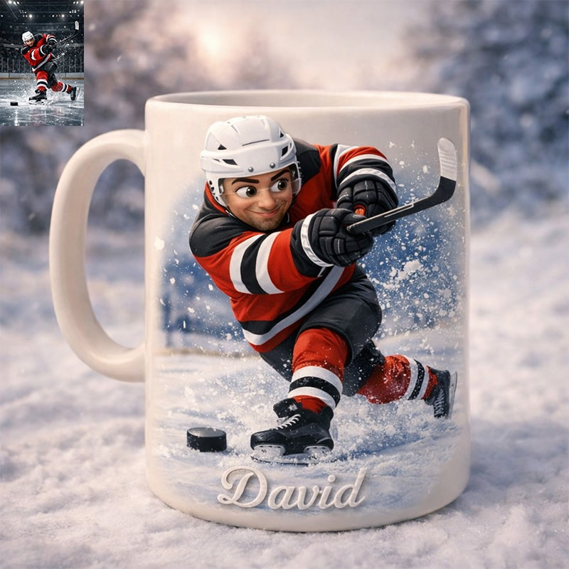 Personalized Ice Hockey Mug with Custom Player Illustration and Name for Ice Hockey Lovers