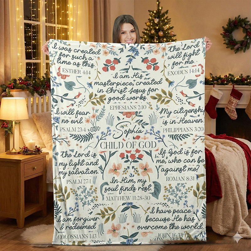 Personalized Child of God Inspiration Soft Throw Blanket with Custom Name Bible Floral Blanket Family Gift Christian Gift Religious Baptism Gift
