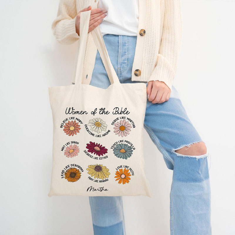 Personalized Women of the Bible Canvas Tote Bag with Custom Name Church Bible Study Daily Use Biblical Tote Floral Religious Christian Gift for Women