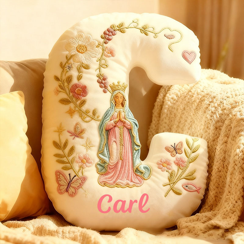 Personalized Virgin Mary Letter Pillow with Custom Name Home Decor Flower Butterfly Vine Graphic 3D Print Pillow Religious Faith Gift Catholic Gift