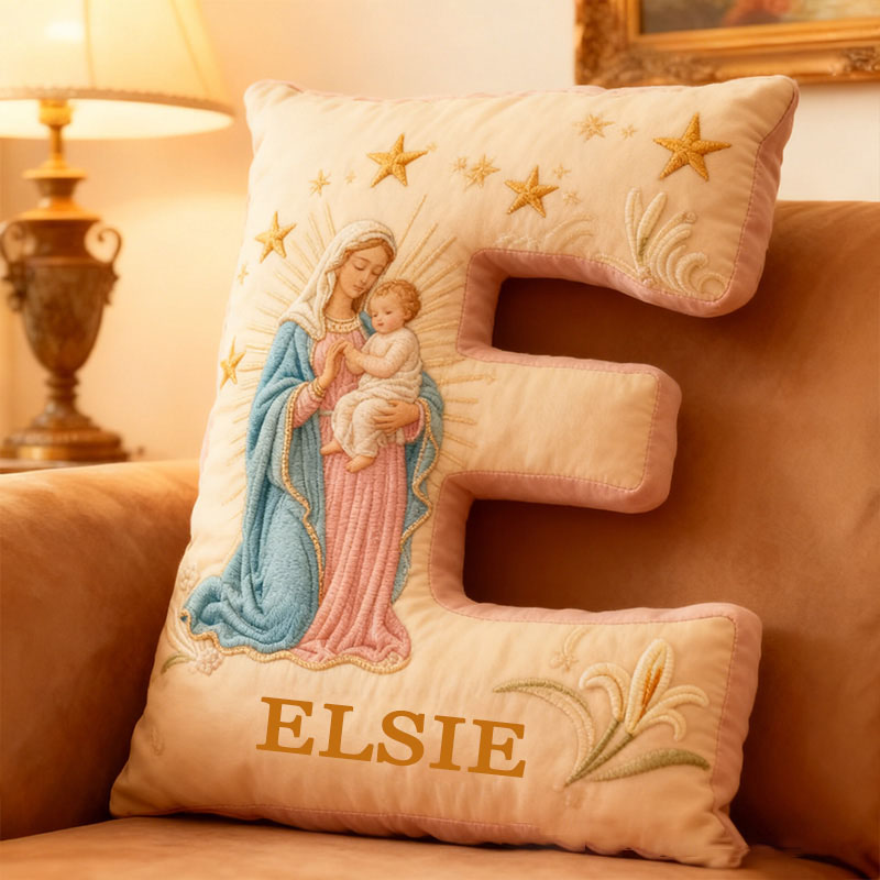 Personalized the Virgin Mary and Baby Jesus Letter Pillow with Custom Name Religious Home Decor Christian Gift Stars and Lily Graphic 3D Print Pillow
