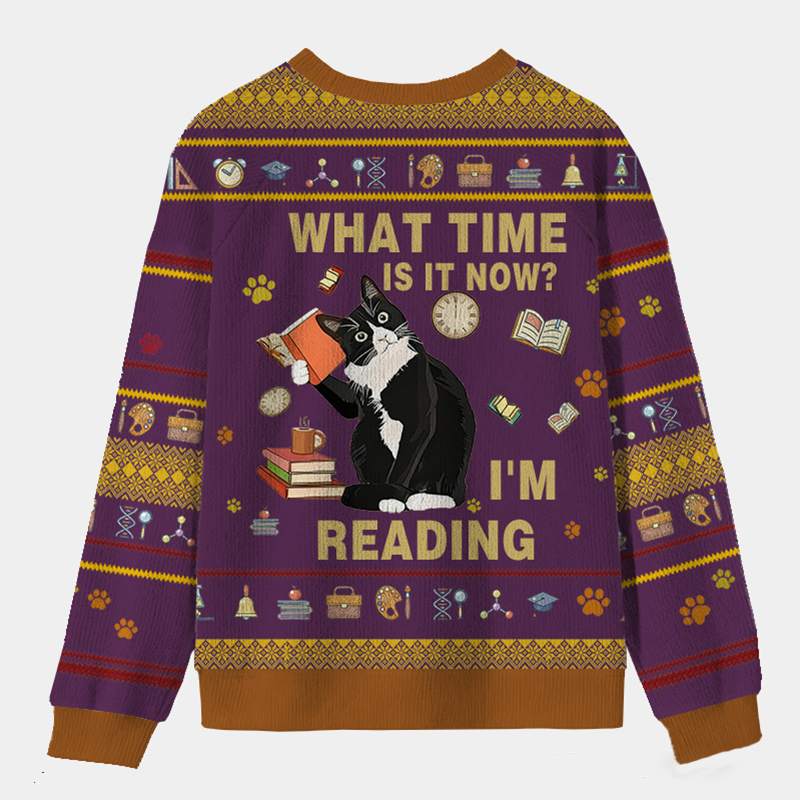 Personalized Book Loving Cat Reading Time Ugly Sweater Holiday Gift for Book Lovers