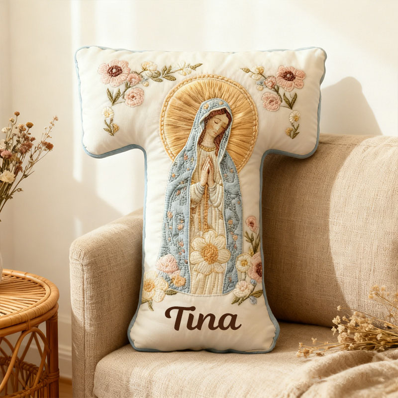 Personalized Virgin Mary Letter Pillow with Custom Name Home Decor Religious Gift for Her Catholic Gift for Women Floral Graphic 3D Print Pillow