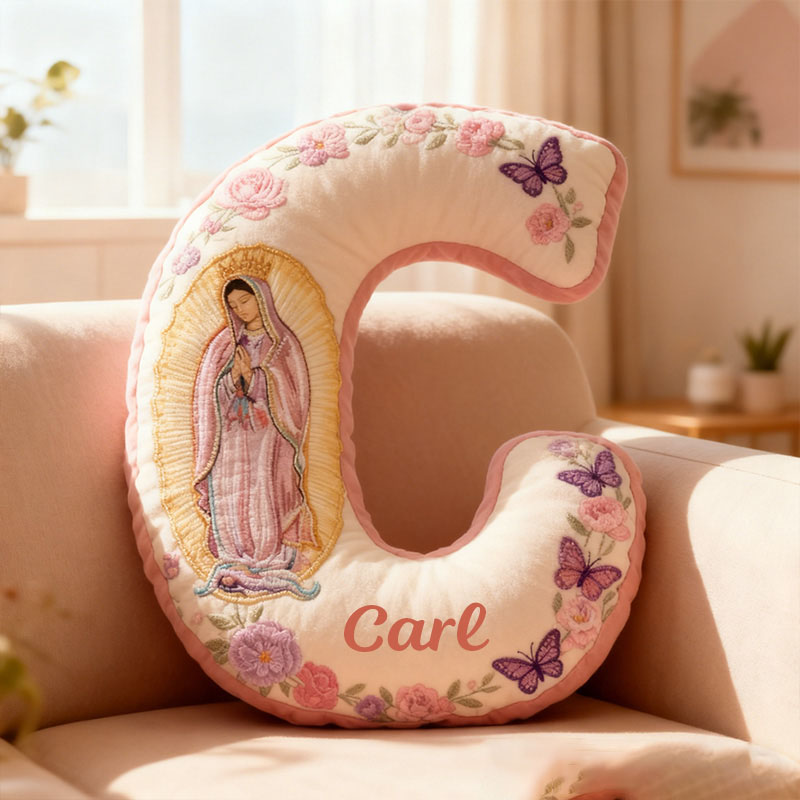 Personalized Virgin Mary Letter Pillow with Custom Name Faith Christian Home Decor Catholic Gift for Her Floral and Butterfly Graphic 3D Print Pillow