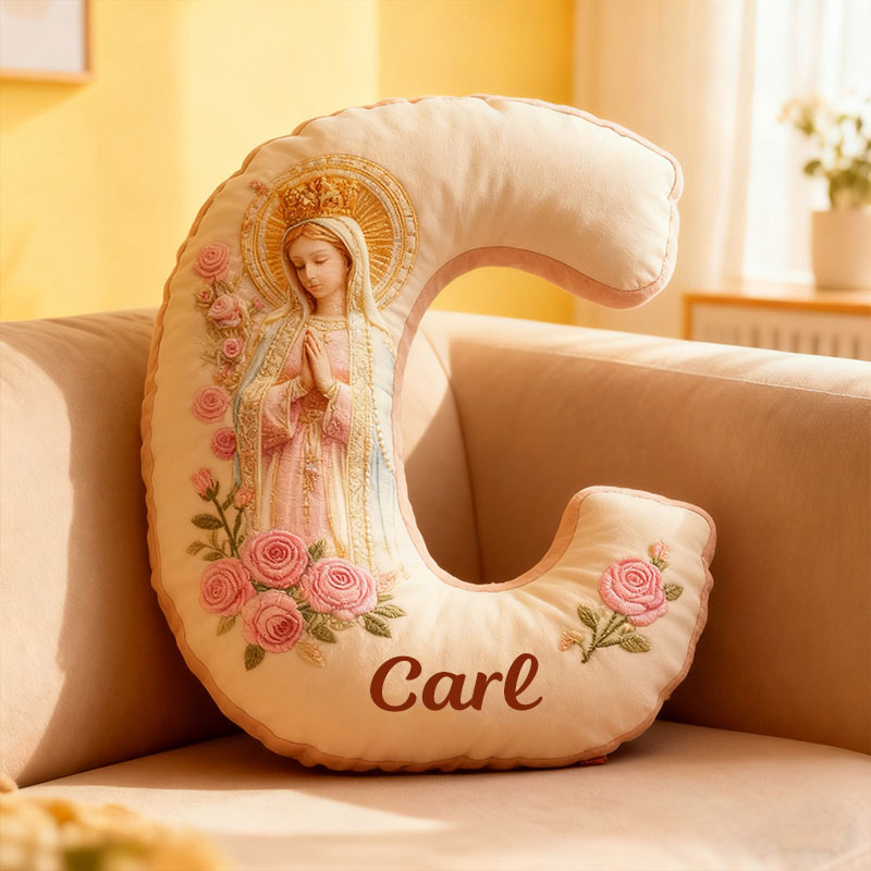 Personalized Our Lady of Guadalupe Letter Pillow with Custom Name Home Decor Catholic Gift for Prayer & Faith Virgin Mary Pink Rose Graphic 3D Print