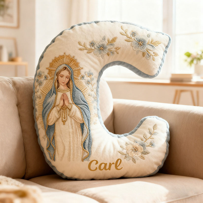 Personalized Virgin Mary Letter Pillow with Custom Name Religious Home Decor Catholic Gift for Her Prayer & Faith Gift Floral Graphic 3D Print Pillow