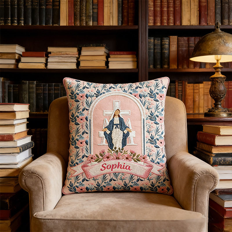 Personalized Virgin Mary Floral Pillow with Custom Name Home Decor Religious Gift Catholic Gift for Her Cross and Marian Graphic 3D Print Pillow