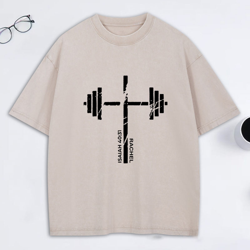 Personalized Christian Gym Cross Washed T-Shirt with Name Lift Heavy Pray Hard Shirt Faith Workout Top Jesus Fitness Apparel Religious Gift for Men