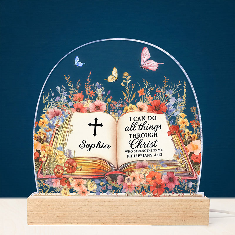 Personalized Name with Book of Favorite Bible Verses LED Night Light Home Decor Butterfly and Floral Night Light Religious Christian Gift for Her