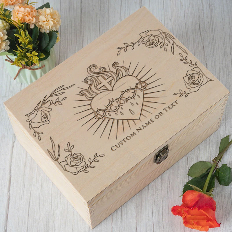 Personalized Sacred Heart Wooden Keepsake Box with Custom Name or Text Faith Home Decor Christian Memory Box Prayer Box Catholic Gift Religious Gift
