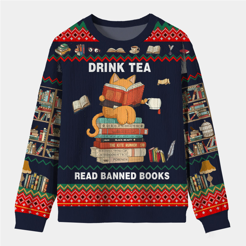 Personalized Rebel Reader Tea Time Ugly Sweater Holiday Gift for Book Lovers