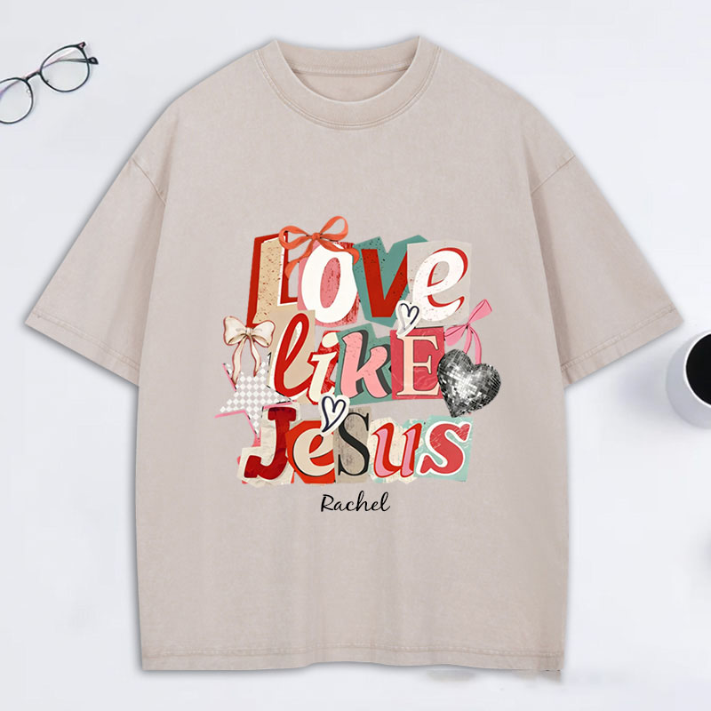 Personalized Love Like Jesus Vintage Washed T-Shirt with Custom Name Preppy Valentine’s Day Checkered Tee Coquette Jesus Shirt Valentine’s Day Gift
