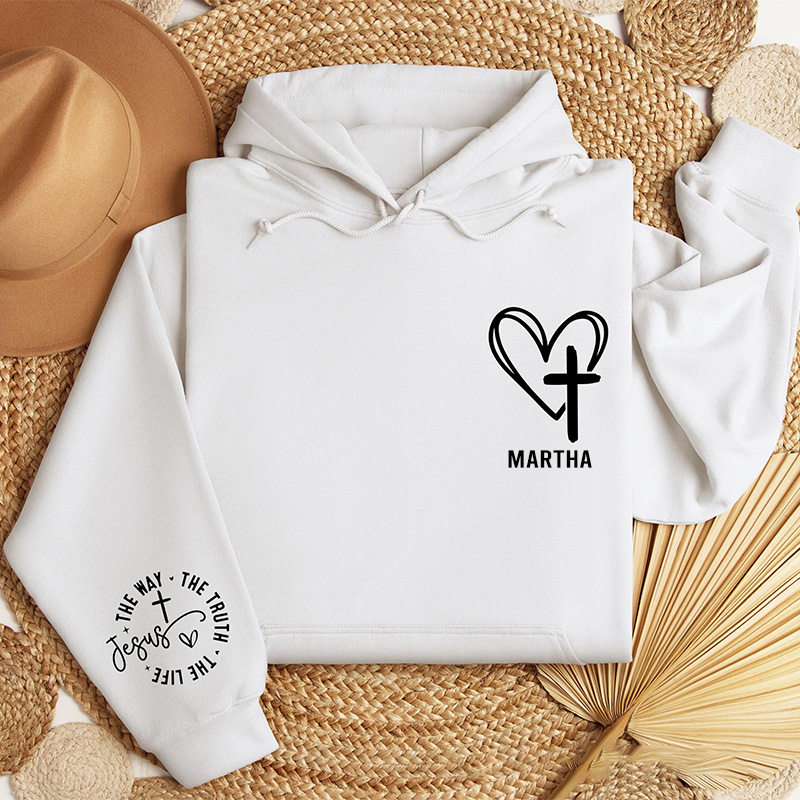 Personalized the Way the Truth the Life Jesus Classic Hoodies with Custom Name Heart and Cross Christian Hoodies Christian Valentine Day Gift